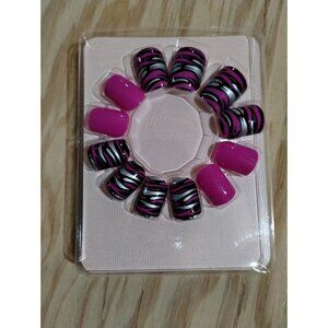 Pink Black Stripe Short False Nails Press On Quick Mani No Glue Needed